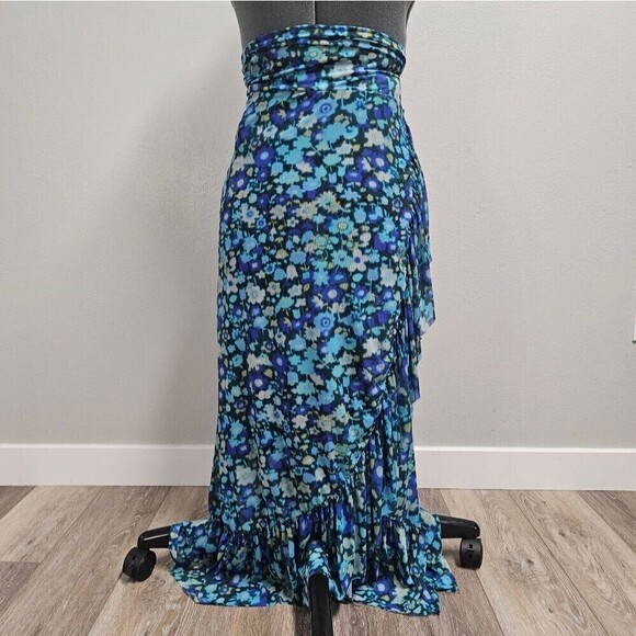 Ganni Floral Wrap Midi Skirt Asymmetrical Ruffle  Blue Green Women's 32 Medium - Picture 6 of 13